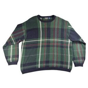 Vintage Trader Bay Knit Sweater Men XL Green Blue Red Plaid‎ Check Cotton Heavy